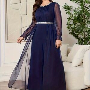 Elegant Navy Blue Chiffon Dressy Jumpsuit